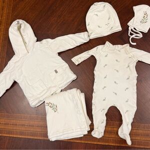 Neutral Cream Baby Footie & Hoodie Matching Set with Leaf Print